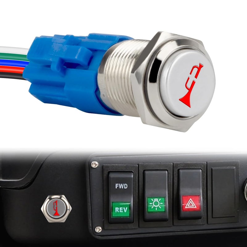 BFXM Horn Button 12v, 16MM Raised Speaker Momentary Push Button Switch, 5/10" Mounting Hole Horn Switchs for Automotive Car Boat Train, Red LED Light Silver Stainless Steel Shell - Image 1